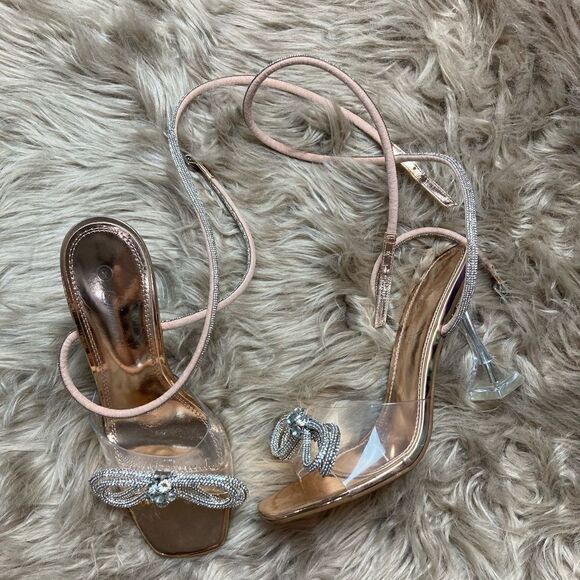 ShoeLand Clear Ankle Wrap Wedding Diamond Bow Detail Square Toe Perspex Heel - Picture 2 of 16